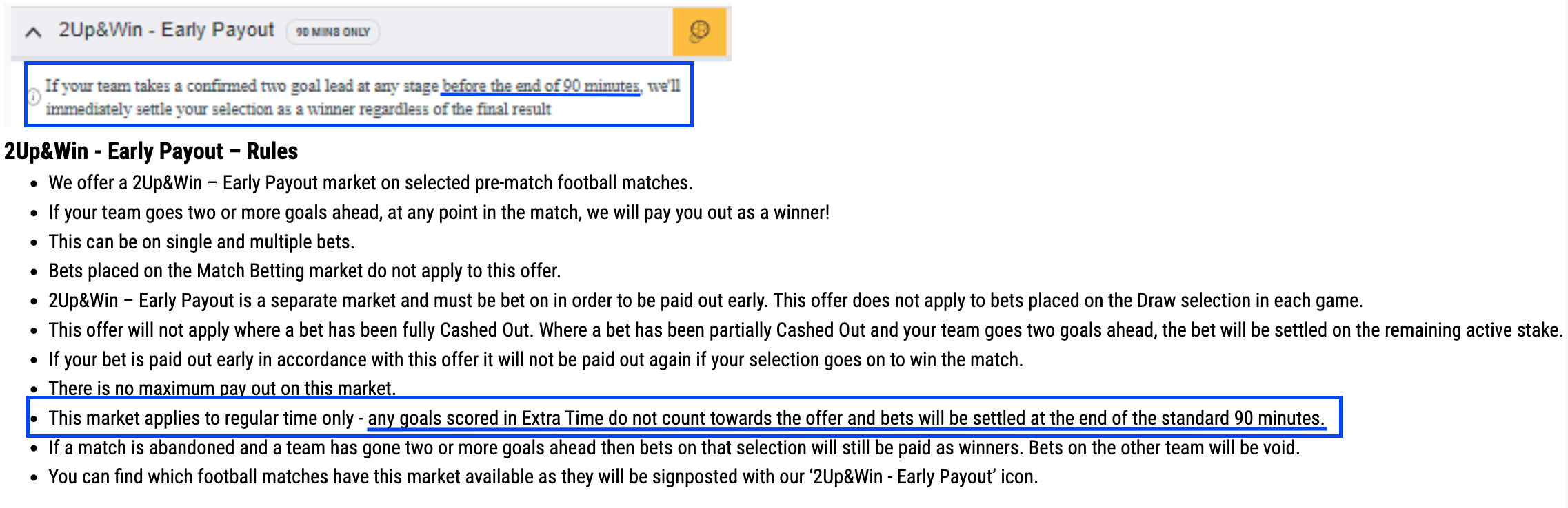 Screenshot of bookie terms and conditions, making clear that extra time is not included in a 2Up and Win bet